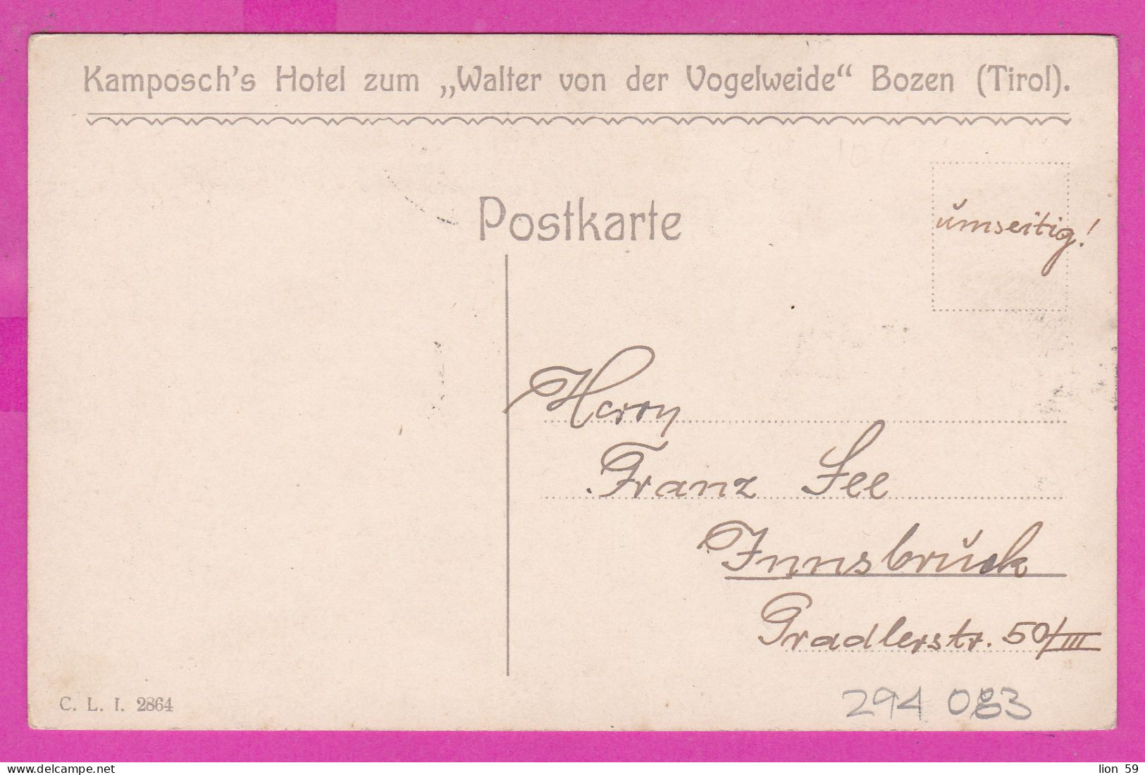 294083 / Italy - ROSENGARLEN , KAMPOSCH'S HOTEL ZUM " WALTER VON DER VOGELWEIDE" BOZEN (TIROL) PC 190. USED - Marcophilie