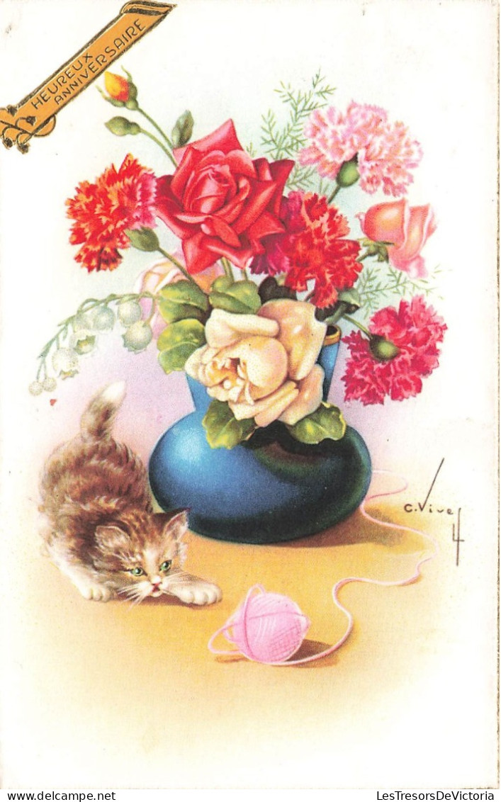 FETES ET VOEUX - Anniversaire - Un Chat Jouant Au Pelote Près D'un Vase - Colorisé - Carte Postale Ancienne - Verjaardag