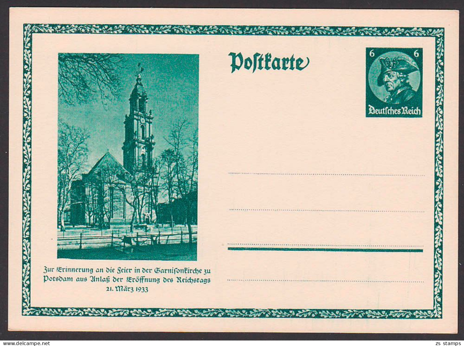 Potsdam Garnisionskirche Eröffnung Des Reichstages 21. März 1933 Ganzsache Sonderpostkarte P248 Ungebraucht - Briefkaarten