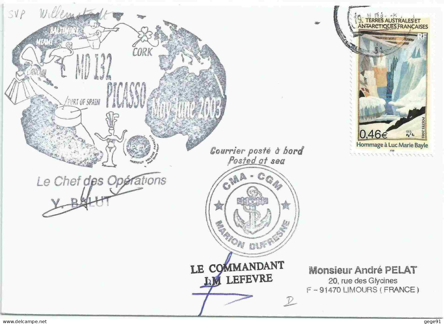 YT 358 Hommage à Luc Marie Bayle - Posté à Bord Du MD - Escale à Curaçao - 19/05/2003 - Lettres & Documents