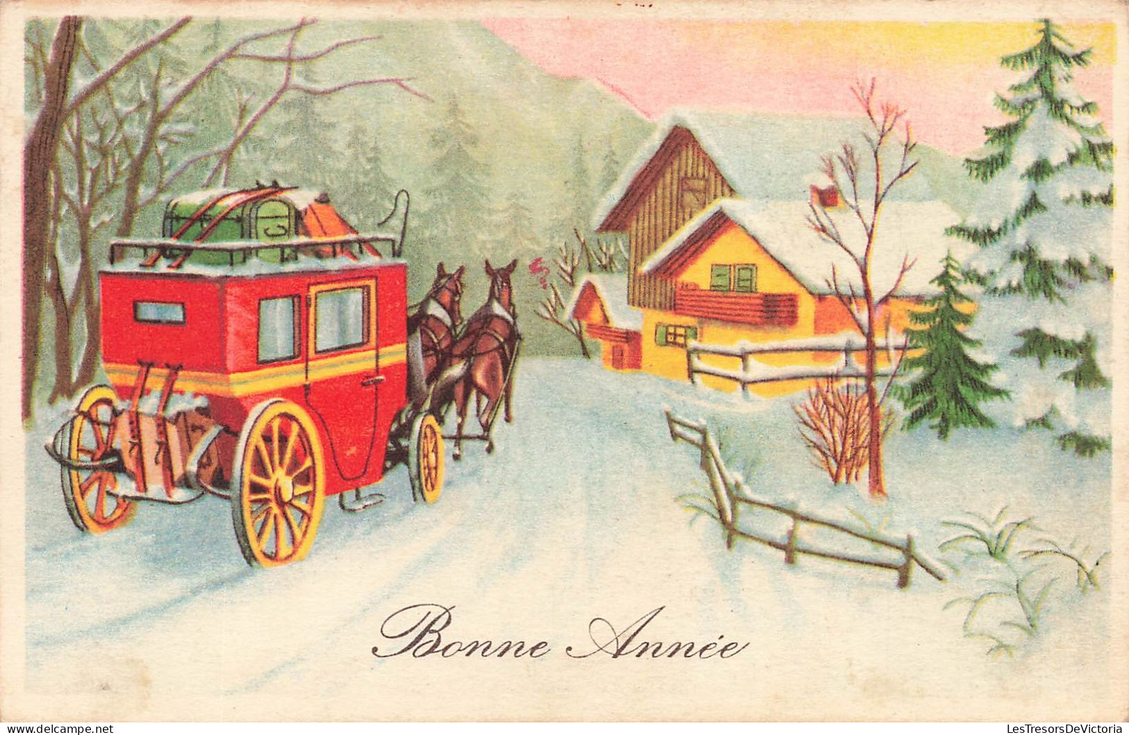 FETES ET VOEUX - Nouvel An - Une Carrosse Tirée Par Deux Chevaux Entrant Au Village - Colorisé - Carte Postale Ancienne - New Year