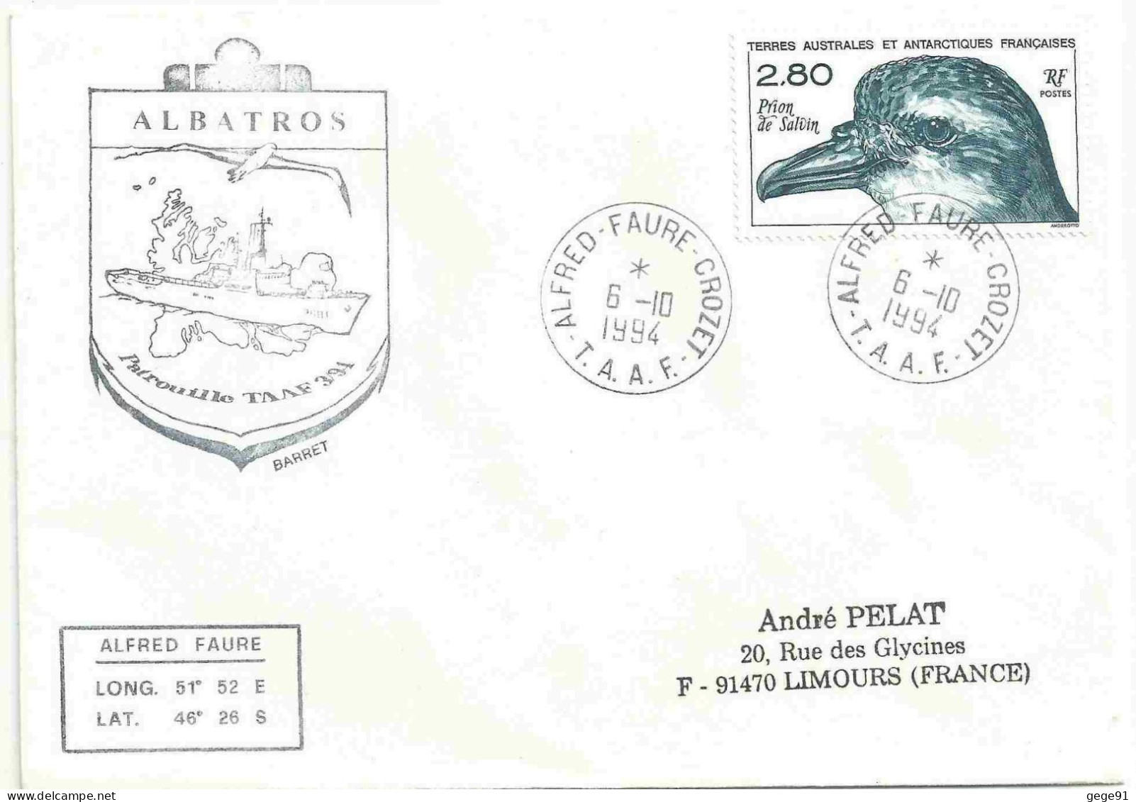YT 189 Prion De Salvin - Posté à Bord De L'Albatros - Alfred Faure - Crozet - 06/10/1994 - Lettres & Documents