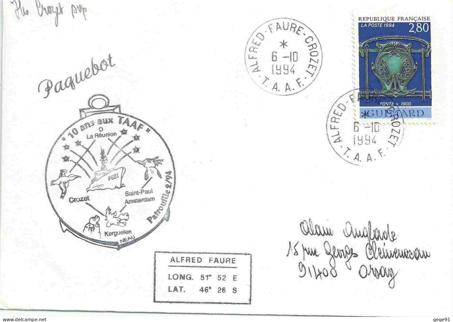 YT 2855 Fonte De Guimard - Posté à Bord De L'Albatros - Paquebot - Alfred Faure - Crozet - 06/10/1994 - Covers & Documents