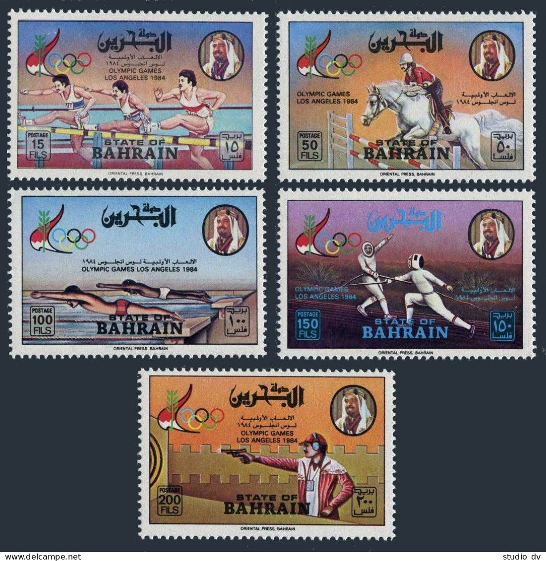 Bahrain 305-309, MNH. Mi 346-350. Olympics Los Angeles-1984. Equestrian, Fencing - Bahrein (1965-...)