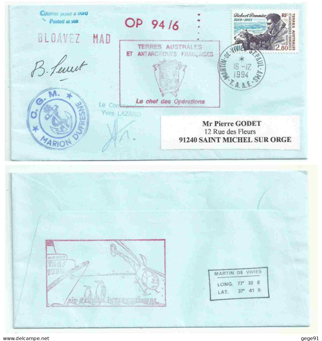 YT 188 Robert Pommier - Chien De Traineau - Posté à Bord Du MD - Martin De Viviès - St Paul Amsterdam - 16/12/1994 - Lettres & Documents