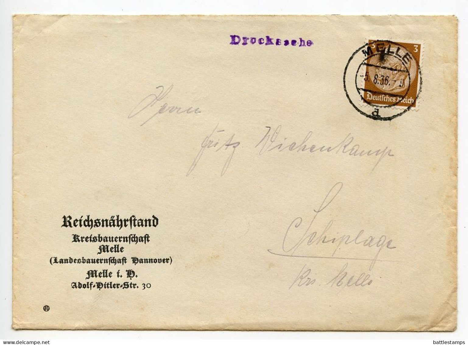 Germany 1936 Cover; Melle - Reichsnährstand Kreisbauernschaft Melle To Schiplage; 3pf. Hindenburg - Brieven En Documenten