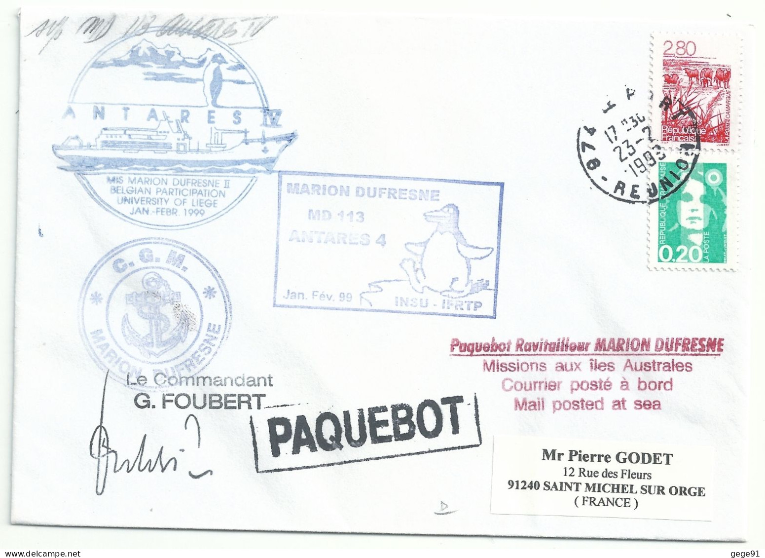 YT 2952 Camargue - Taureaux - Posté à Bord Du MD - Paquebot - Hélicoptère - Le Port - La Réunion - 23/02/1993 - Covers & Documents