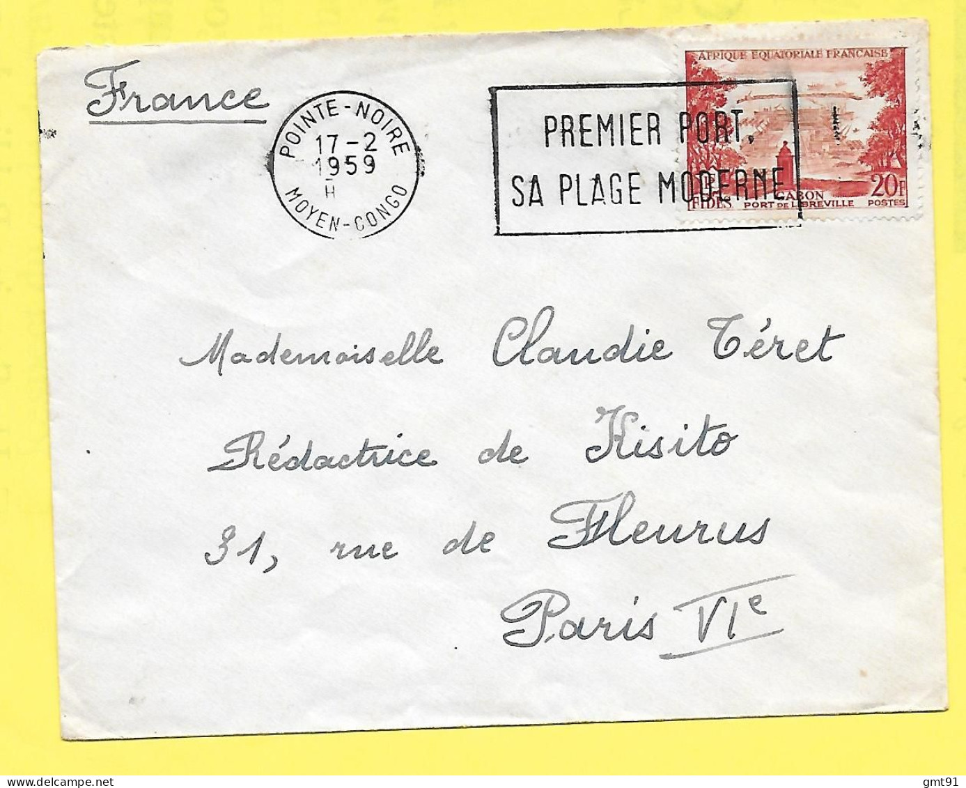 Lettre Oblitération POINTE NOIRE MOYEN CONGO Flamme  Premier Port Sa Plage Moderne 1959 - Brieven En Documenten