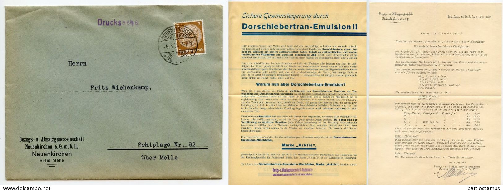 Germany 1936 Cover & Adverts; Neuenkirchen (Kr. Melle) - Bezugs- U. Absatzgenossenschaft To Schiplage; 3pf. Hindenburg - Briefe U. Dokumente