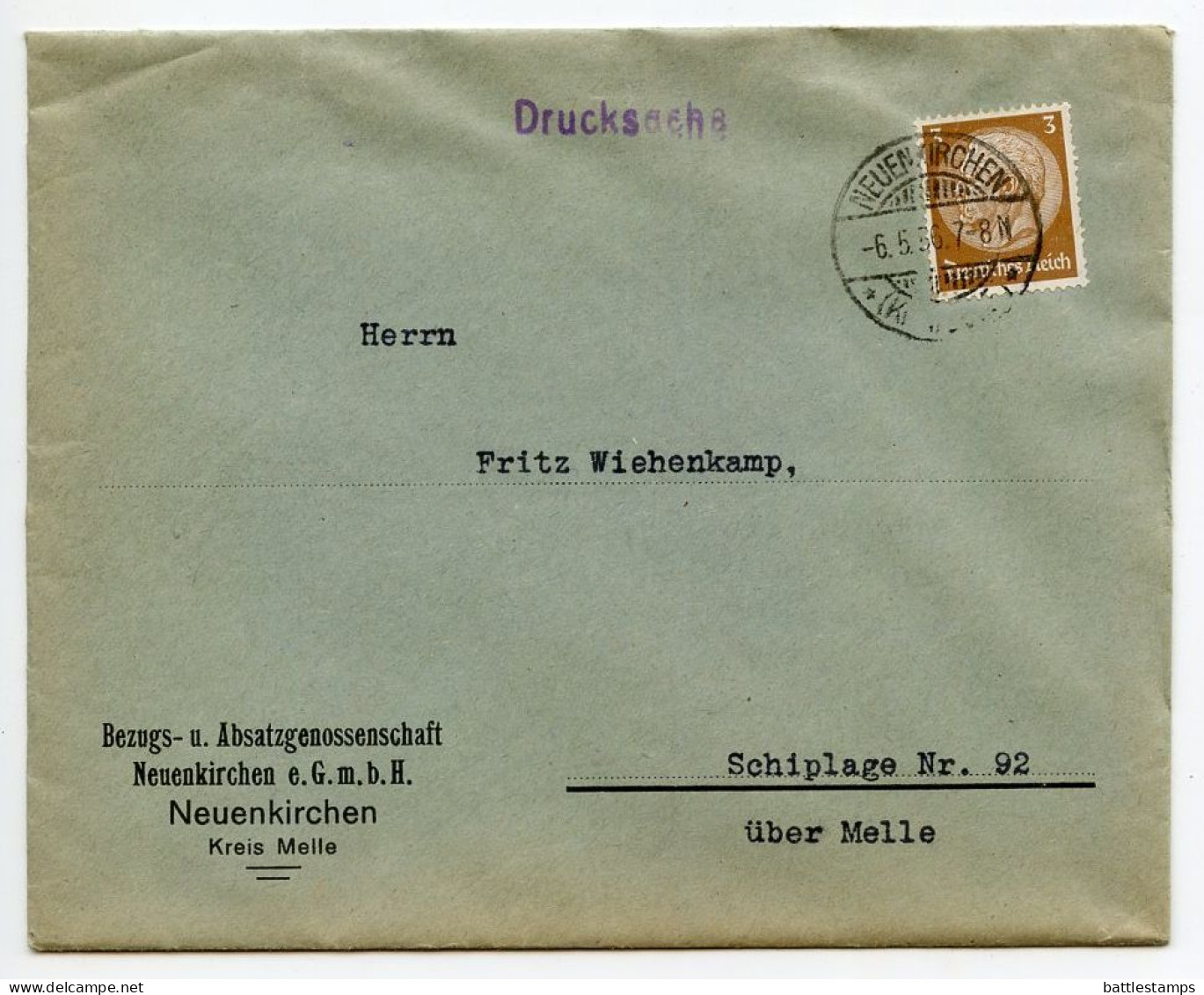 Germany 1936 Cover & Adverts; Neuenkirchen (Kr. Melle) - Bezugs- U. Absatzgenossenschaft To Schiplage; 3pf. Hindenburg - Brieven En Documenten
