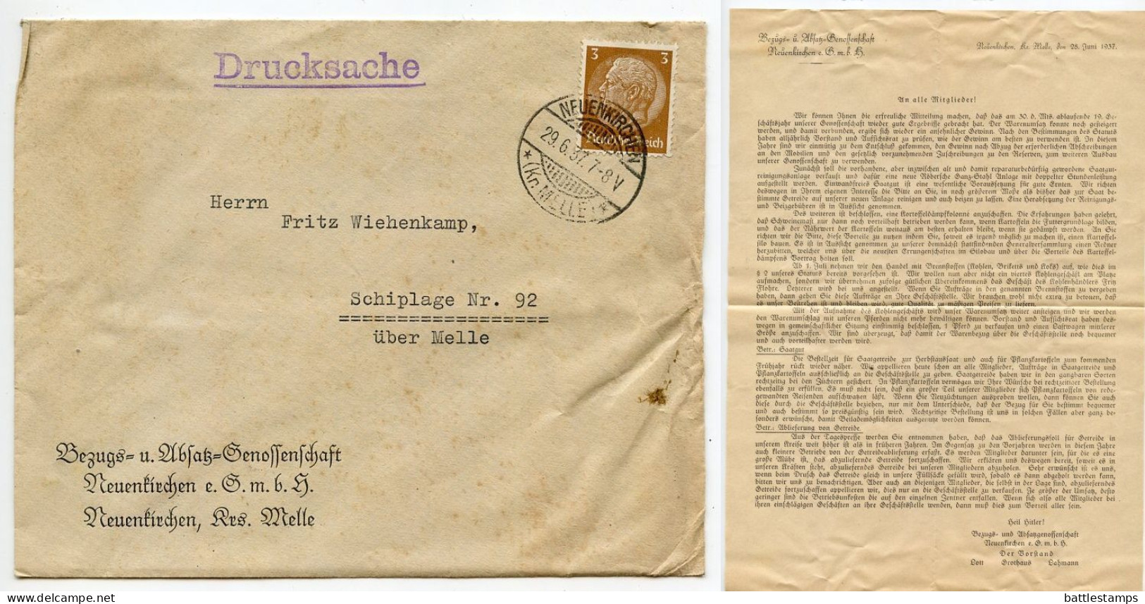 Germany 1937 Cover & Letter; Neuenkirchen (Kr. Melle) - Bezugs- U. Absatzgenossenschaft To Schiplage; 3pf. Hindenburg - Lettres & Documents