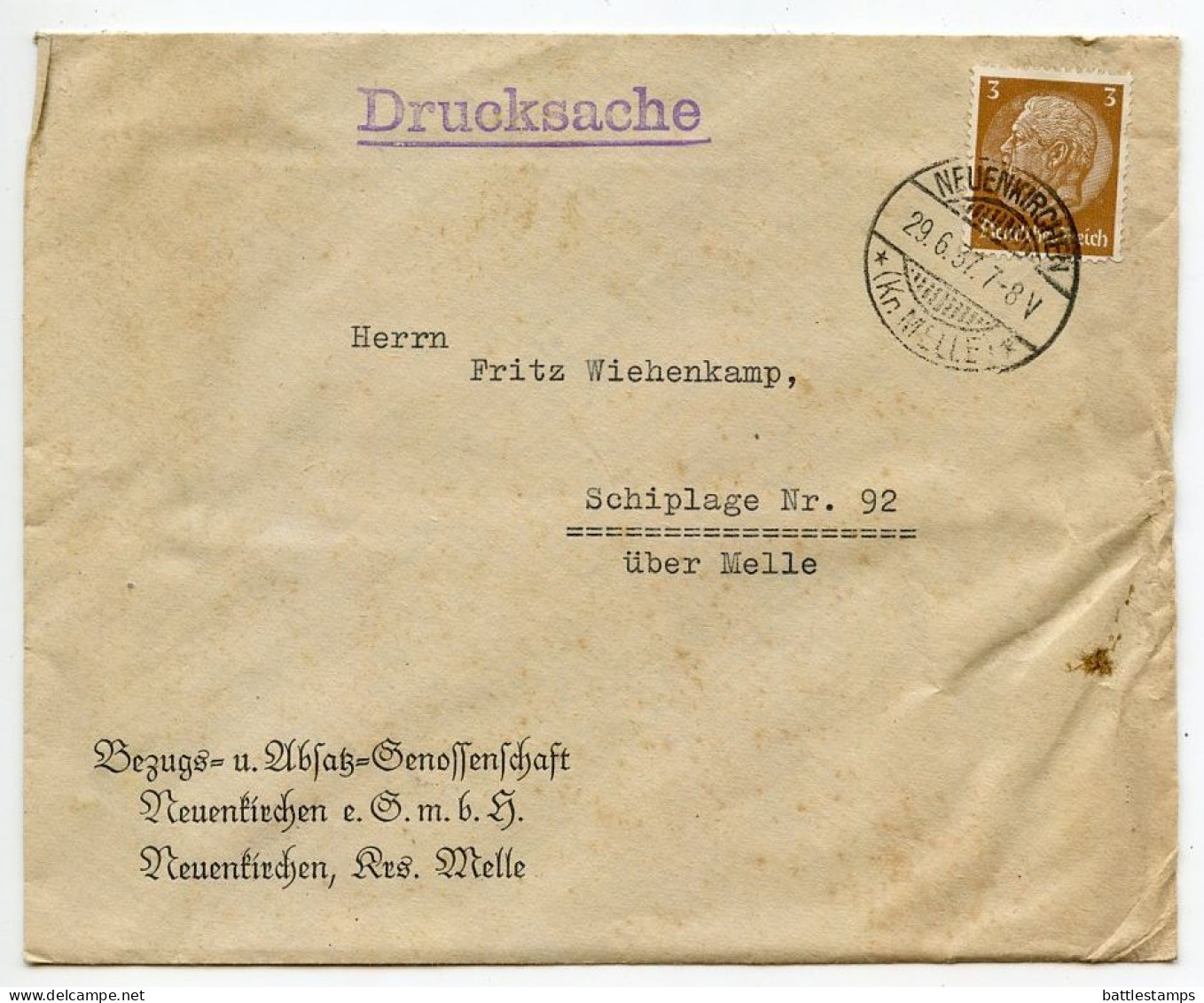 Germany 1937 Cover & Letter; Neuenkirchen (Kr. Melle) - Bezugs- U. Absatzgenossenschaft To Schiplage; 3pf. Hindenburg - Covers & Documents