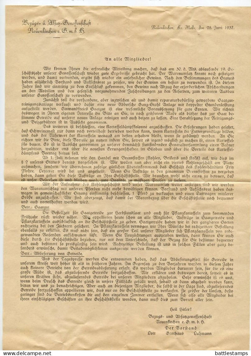 Germany 1937 Cover & Letter; Neuenkirchen (Kr. Melle) - Bezugs- U. Absatzgenossenschaft To Schiplage; 3pf. Hindenburg - Briefe U. Dokumente