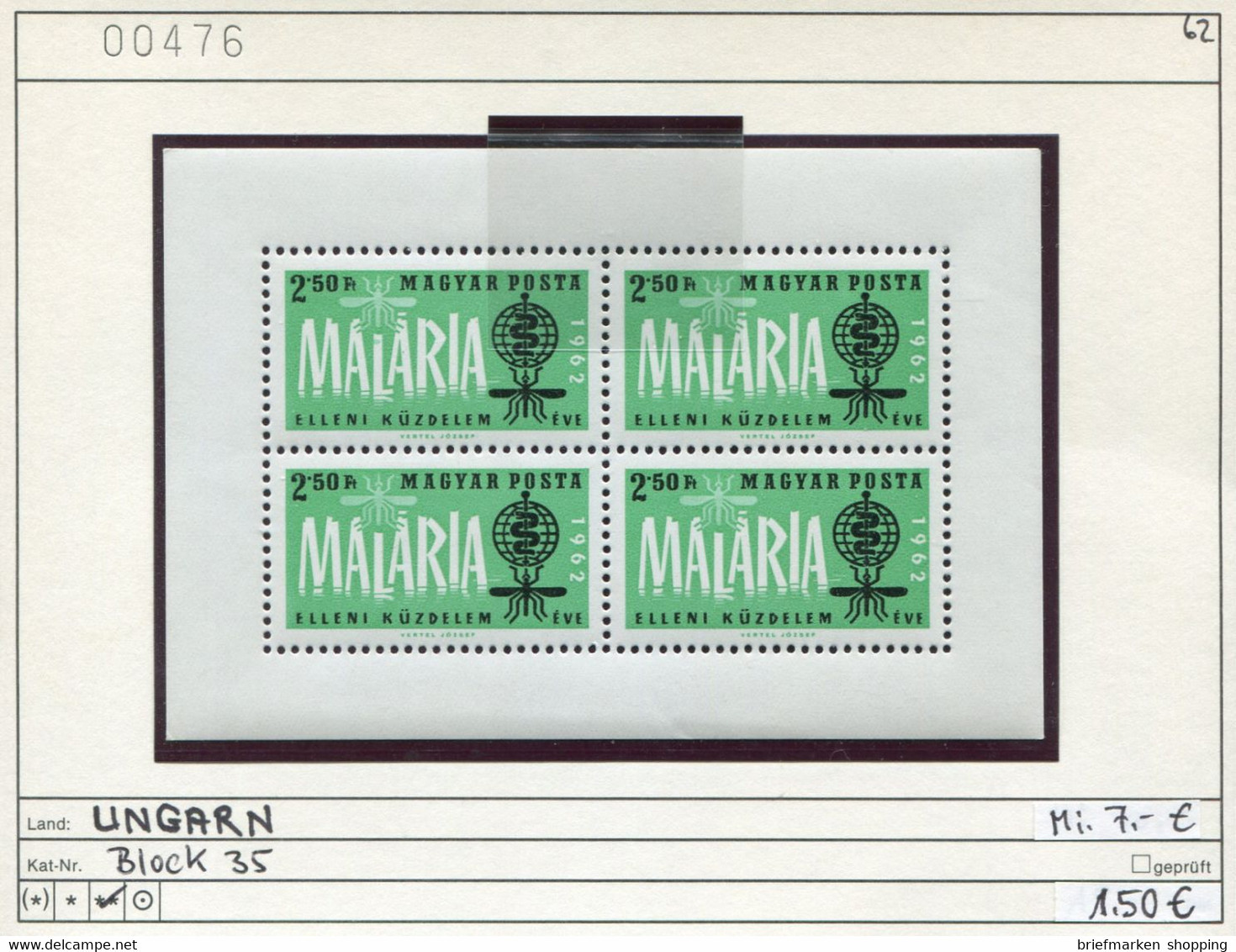Ungarn 1962 - Hongrie 1962 - Hungaria 1962 - Magyarország 1962 - Michel Block 35 A - ** Mnh Neuf Postfris - Malaria - Blocs-feuillets