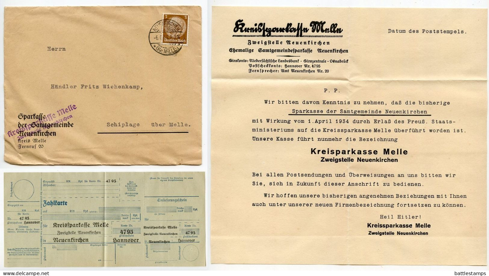 Germany 1934 Cover W/ Letter & Zahlkarte; Neuenkirchen (Kr. Melle) - Kreissparkasse Melle To Schiplage; 3pf. Hindenburg - Brieven En Documenten