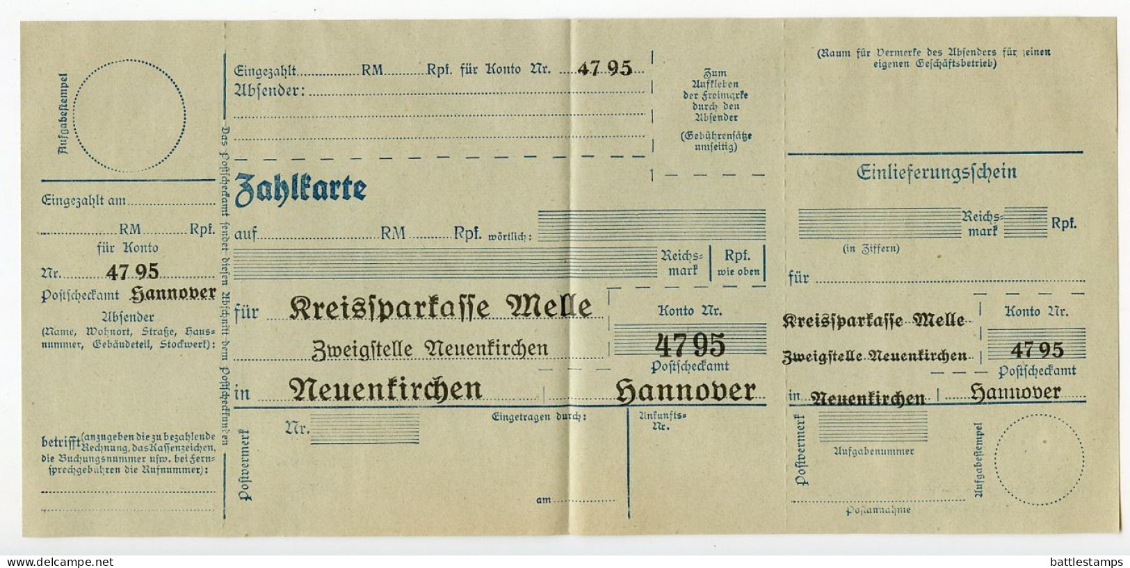 Germany 1934 Cover W/ Letter & Zahlkarte; Neuenkirchen (Kr. Melle) - Kreissparkasse Melle To Schiplage; 3pf. Hindenburg - Storia Postale