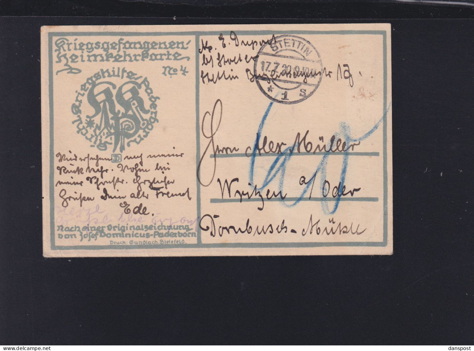 Dt. Reich Kriegsgefangenen Heimkehrkarte 1920 Stettin Nachporto - Covers & Documents