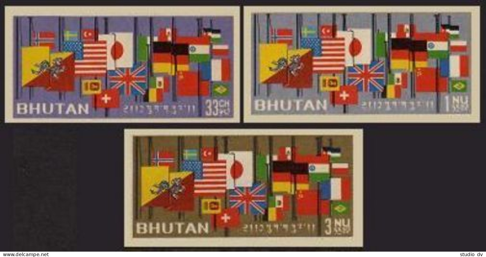 Bhutan 31-33,33a Imperf.MNH.Michel 40B-42B,Bl.2B. Flags/World At Half-mast.1964. - Bhután