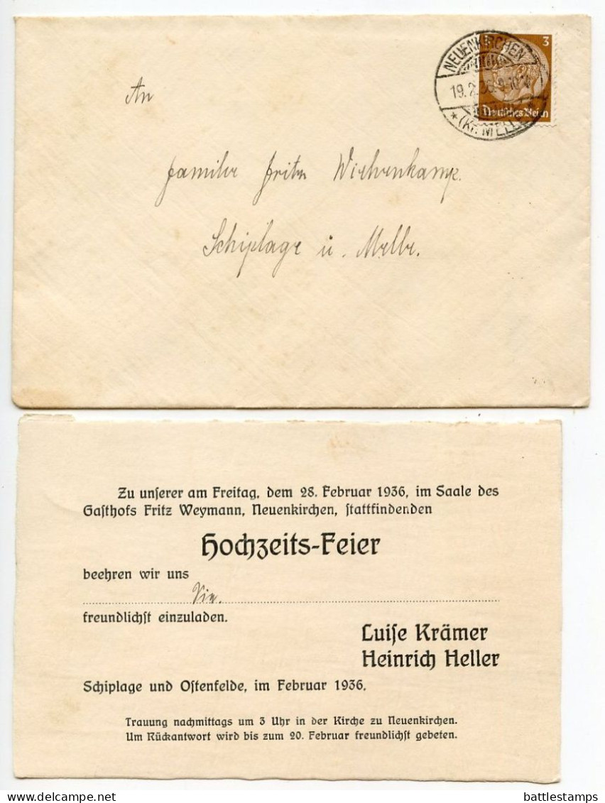 Germany 1936 Cover & Wedding Invitation; Neuenkirchen (Kr. Melle) To Schiplage; 3pf. Hindenburg - Lettres & Documents