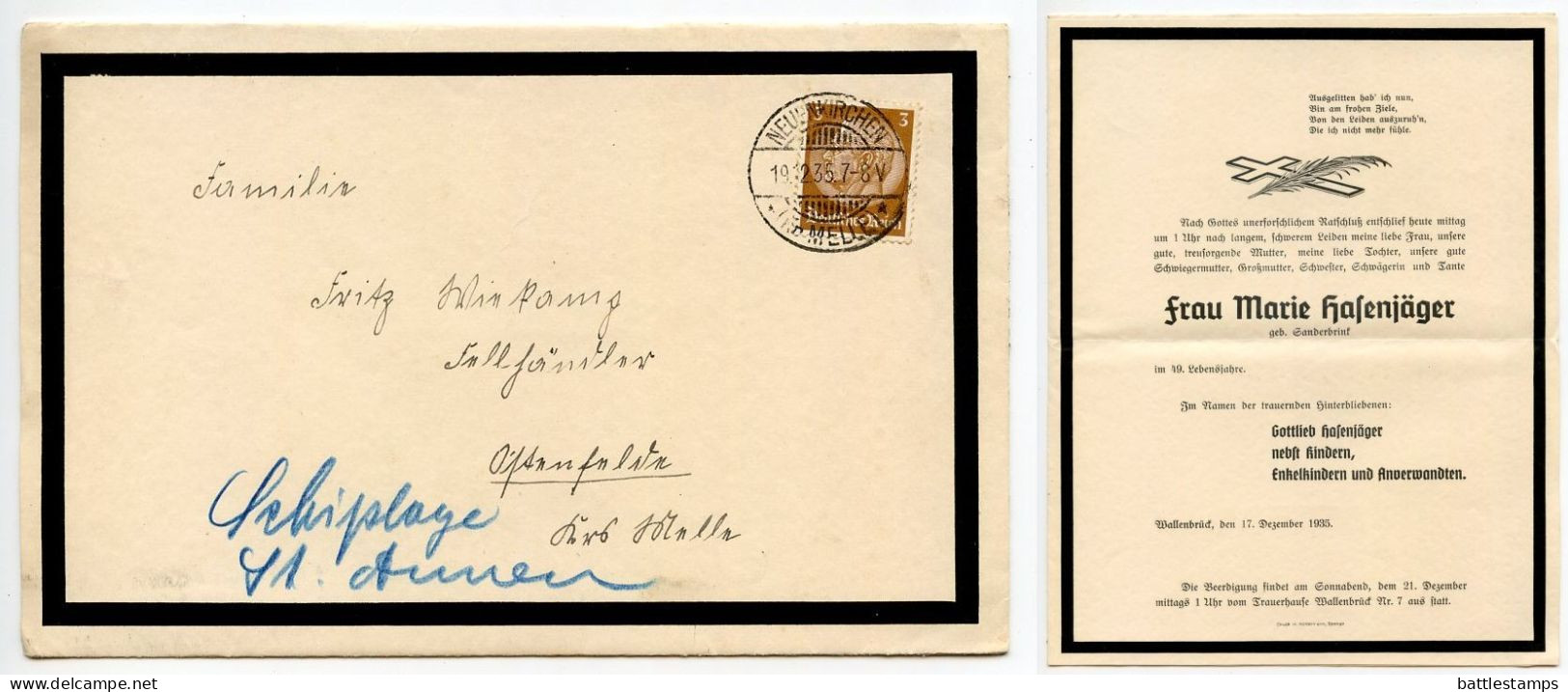 Germany 1935 Mourning Cover; Neuenkirchen (Kr. Melle) To Schiplage; 3pf. Hindenburg - Briefe U. Dokumente