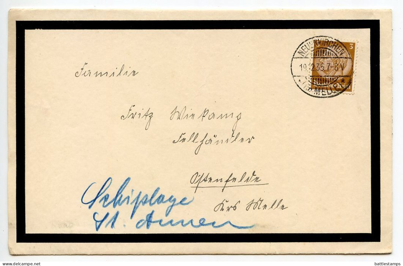 Germany 1935 Mourning Cover; Neuenkirchen (Kr. Melle) To Schiplage; 3pf. Hindenburg - Lettres & Documents