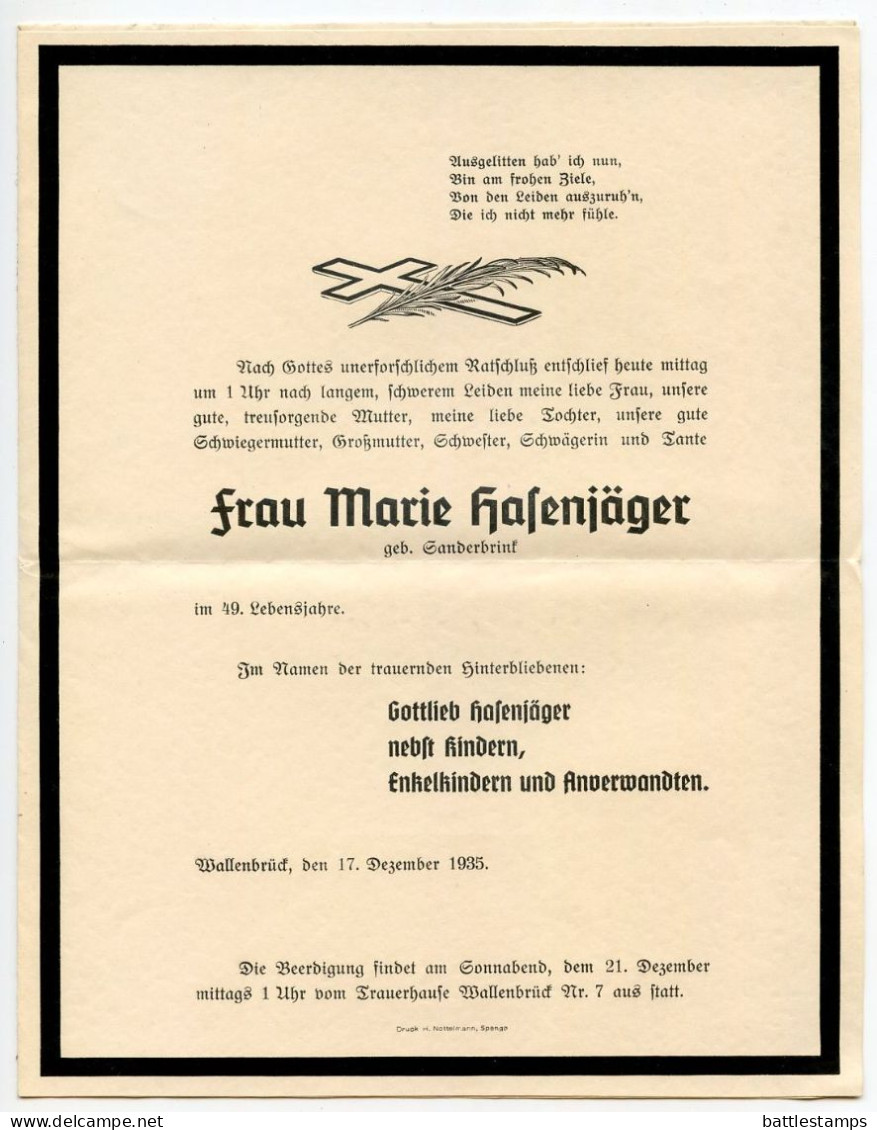 Germany 1935 Mourning Cover; Neuenkirchen (Kr. Melle) To Schiplage; 3pf. Hindenburg - Briefe U. Dokumente