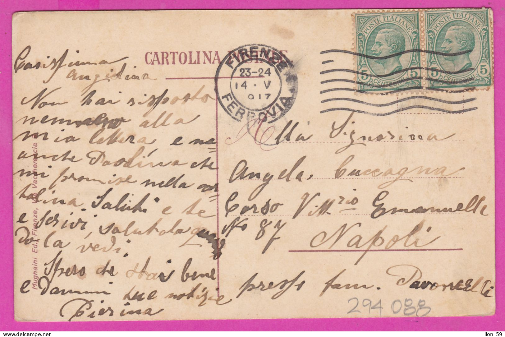 294088 / Italy - FIRENZE - Palazzo Vecchio PC 1917  USED 5+5 Cent. Victor Emmanuel III , Italia Italie - Marcophilia