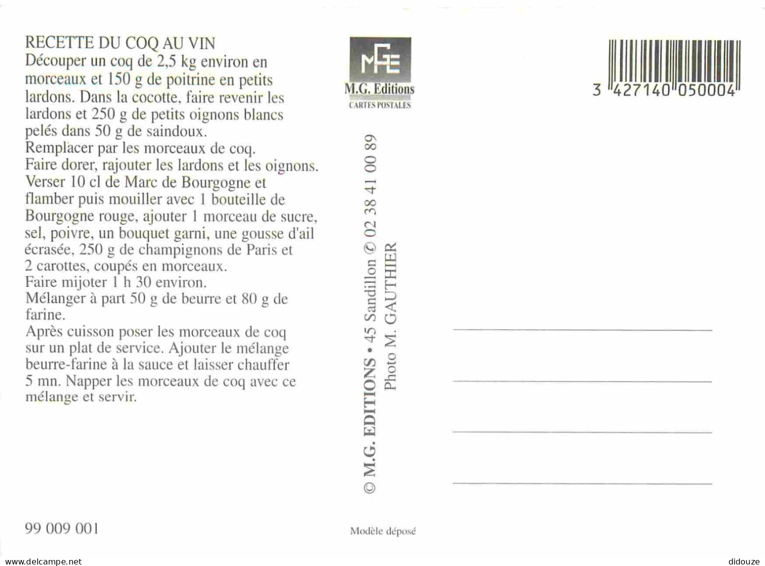 Recettes De Cuisine - Coq Au Vin - Gastronomie - CPM - Carte Neuve - Voir Scans Recto-Verso - Recetas De Cocina