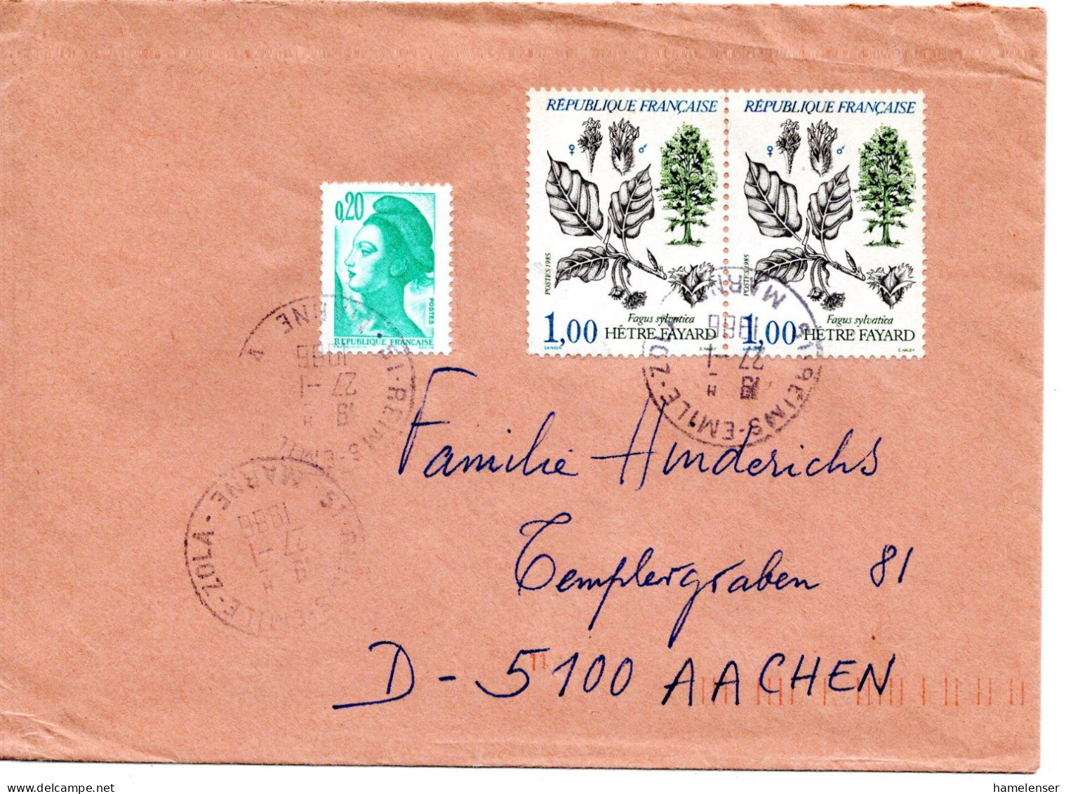 78808 - Frankreich - 1988 - 2@1,00F Rotbuche MiF A Bf REIMS -> Westdeutschland - Cartas & Documentos