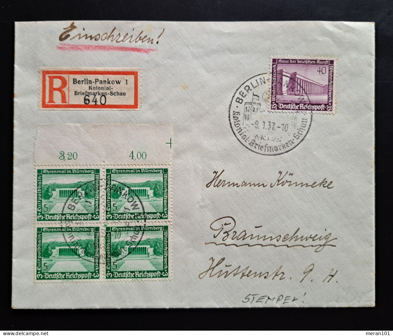 Deutsches Reich 1937, Reko-Brief Berlin-Pankow Kolonial-Briefmarken-Schau Nach Braunschweig MiF - Briefe U. Dokumente