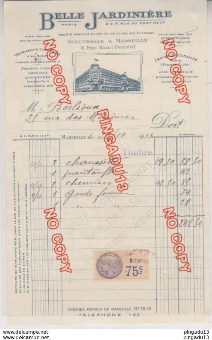 Fixe Timbre Fiscal Facture Belle Jardinière Marseille 1933 - Lettres & Documents