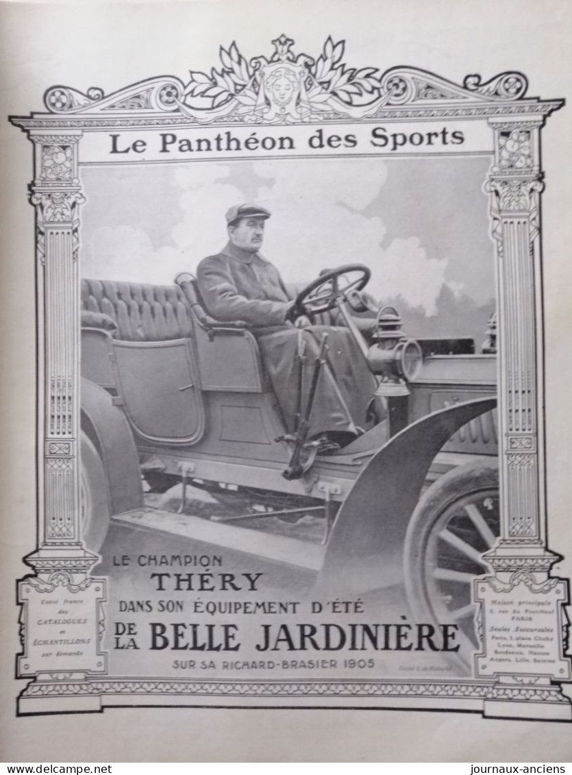 1905 PUBLICITÉ - LA BELLE JARDINIÈRE - LE PANTHÉON DES SPORTS - LE CHAMPION AUTOMOBILE " THÉRY " - LA VIE AU GRAND AIR " - Autres & Non Classés