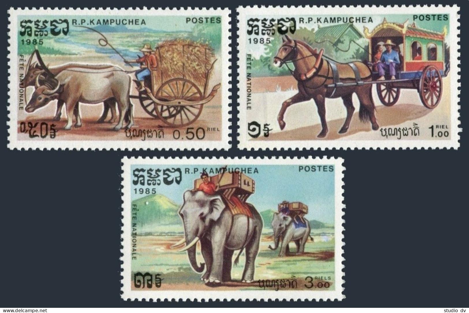 Cambodia 548-550, MNH. Mi 628-630. National Festival 1985. Oxcart, Elephants. - Kambodscha