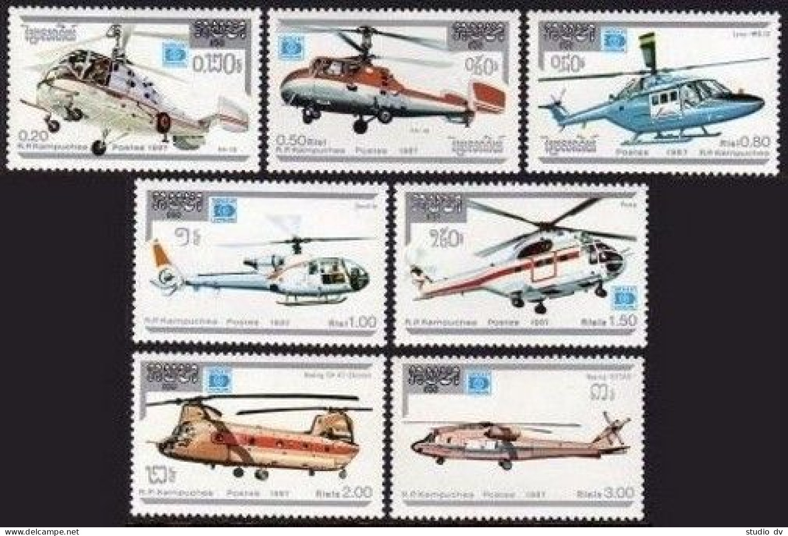 Cambodia 812-818,819,MNH.Michel 890-896,Bl.155. HAFNIA-1987.Helicopters. - Cambogia