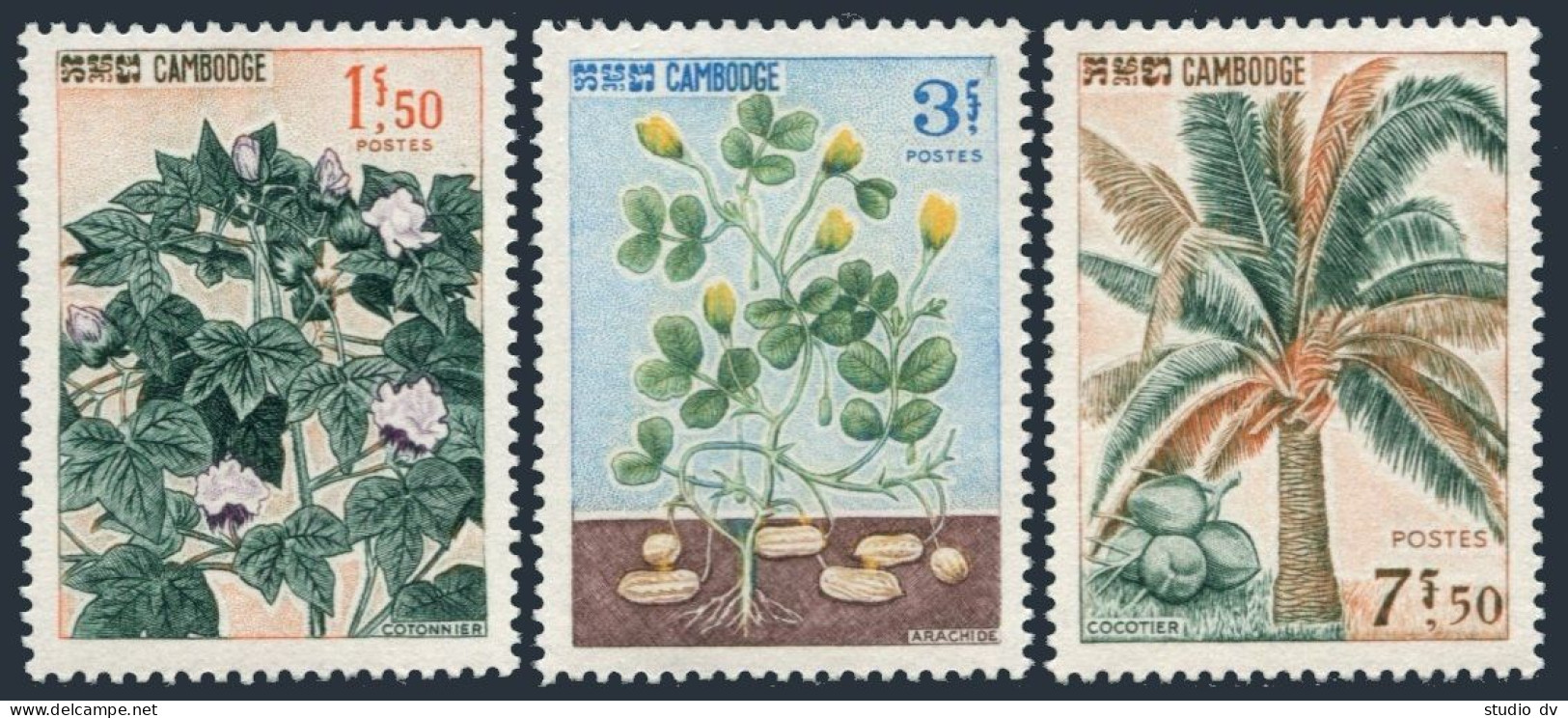 Cambodia 149-151, MNH. Michel 192-194. Cotton, Peanut Plants, Coconut Palm,1965. - Cambogia