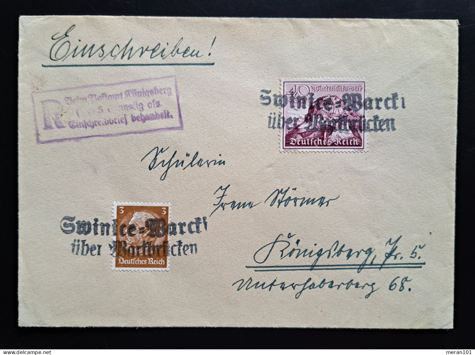 Polen 1940, R-Brief Swinice-Warcki über Wartbrücken Nach Königsberg - Andere & Zonder Classificatie