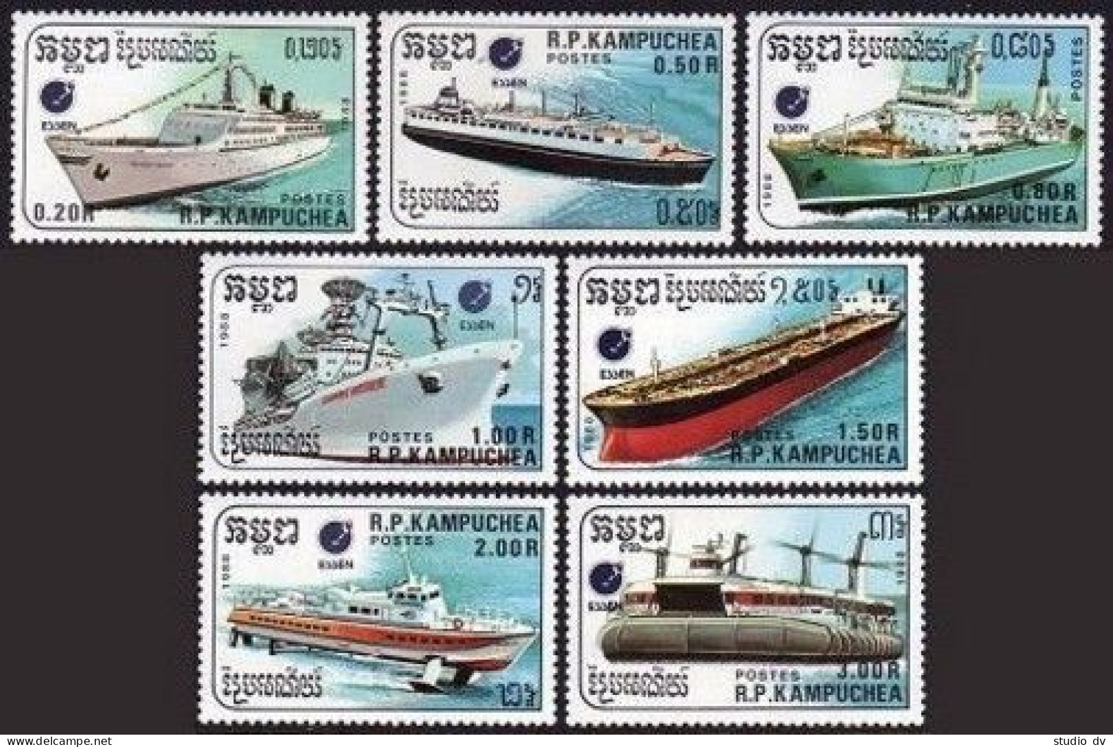 Cambodia 860-866,867,MNH.Michel 938-944,Bl.159. ESSEN-1988.Ships:Liners,Tanker, - Cambogia