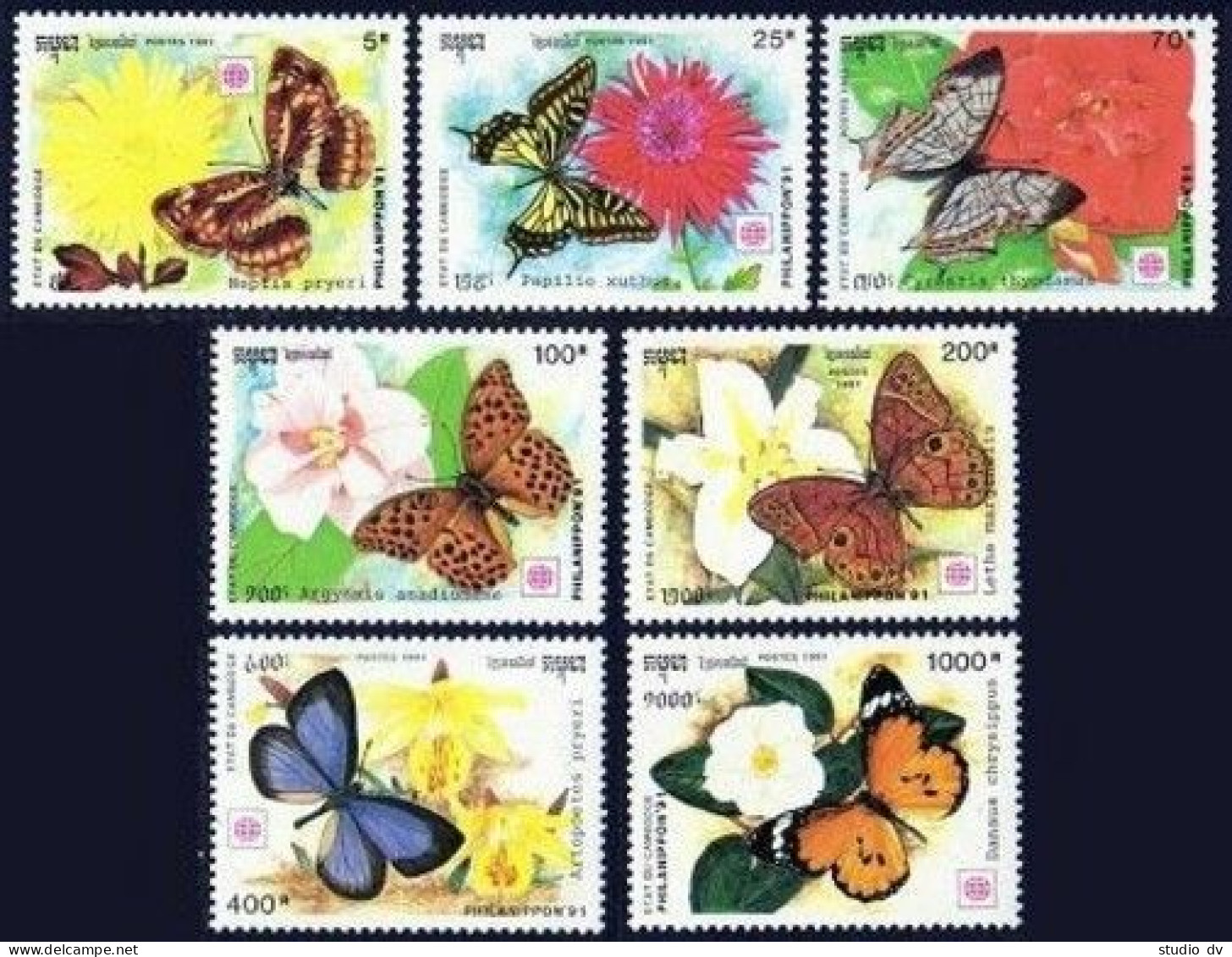 Cambodia 1175-1181,MNH.Michel 1253-1259. PHILANIPPON-1991,Butterflies,Flowers. - Cambodge