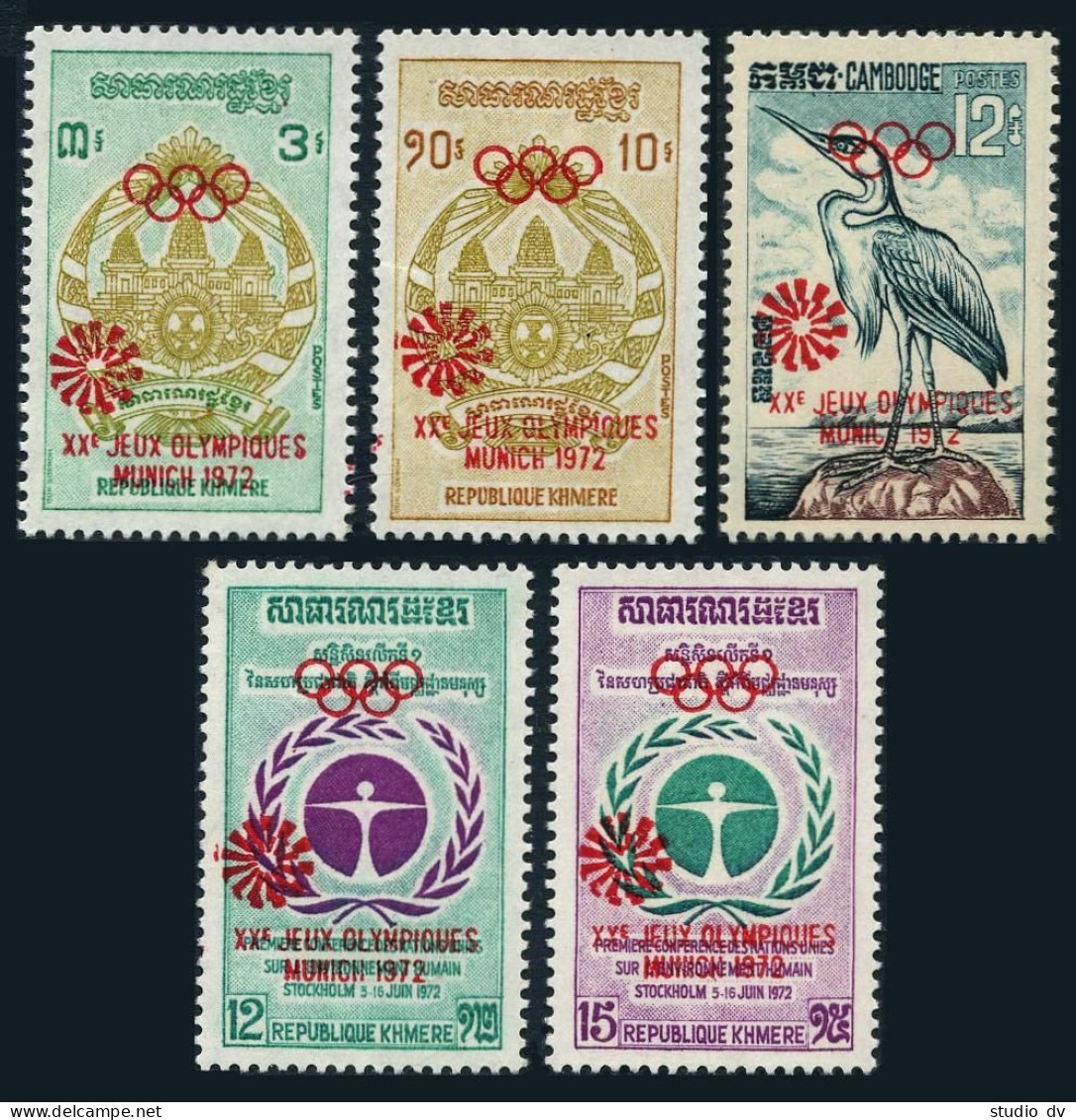 Cambodia 301-305, MNH. Mi 344-348. Olympics Munich-1972. Bird, Arms, Overprint. - Cambogia