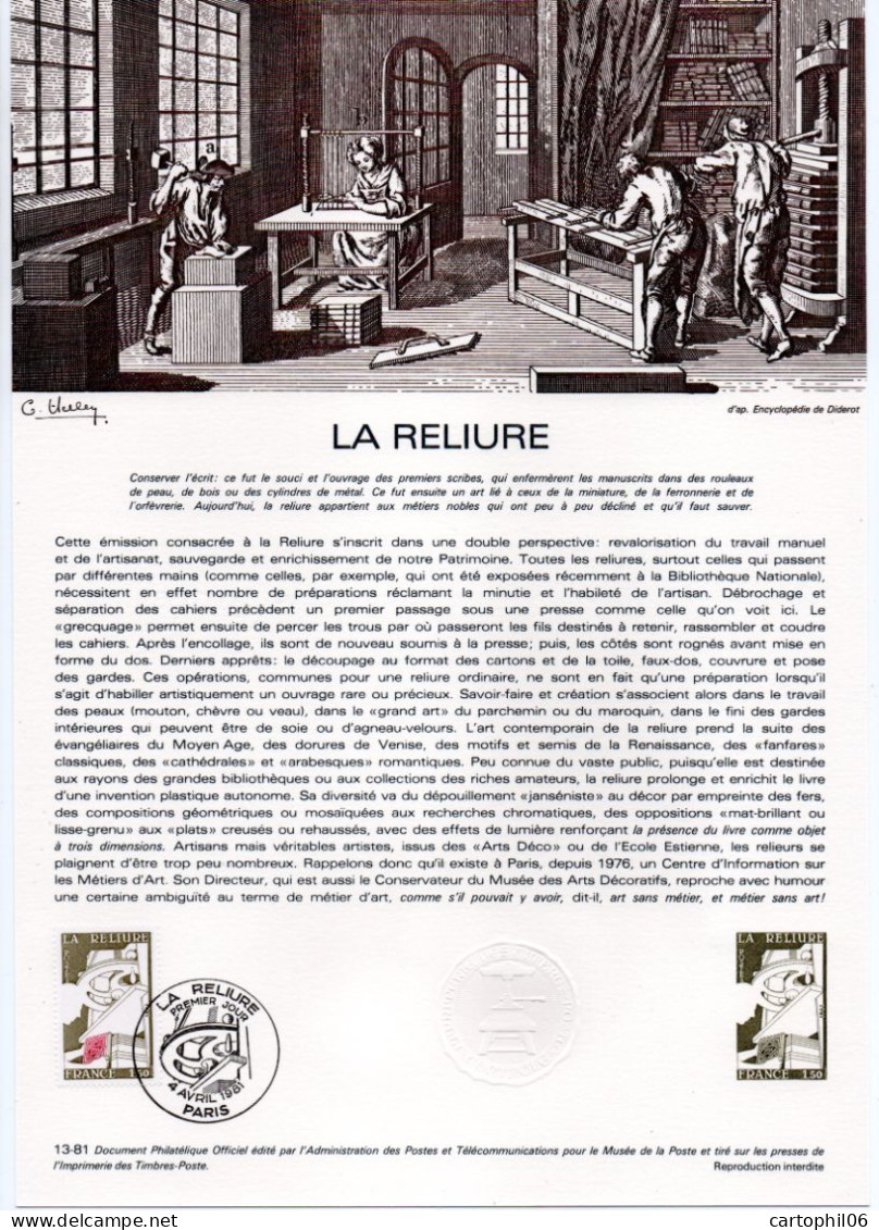 - Document Premier Jour LA RELIURE - PARIS 4.4.1981 - - Altri & Non Classificati