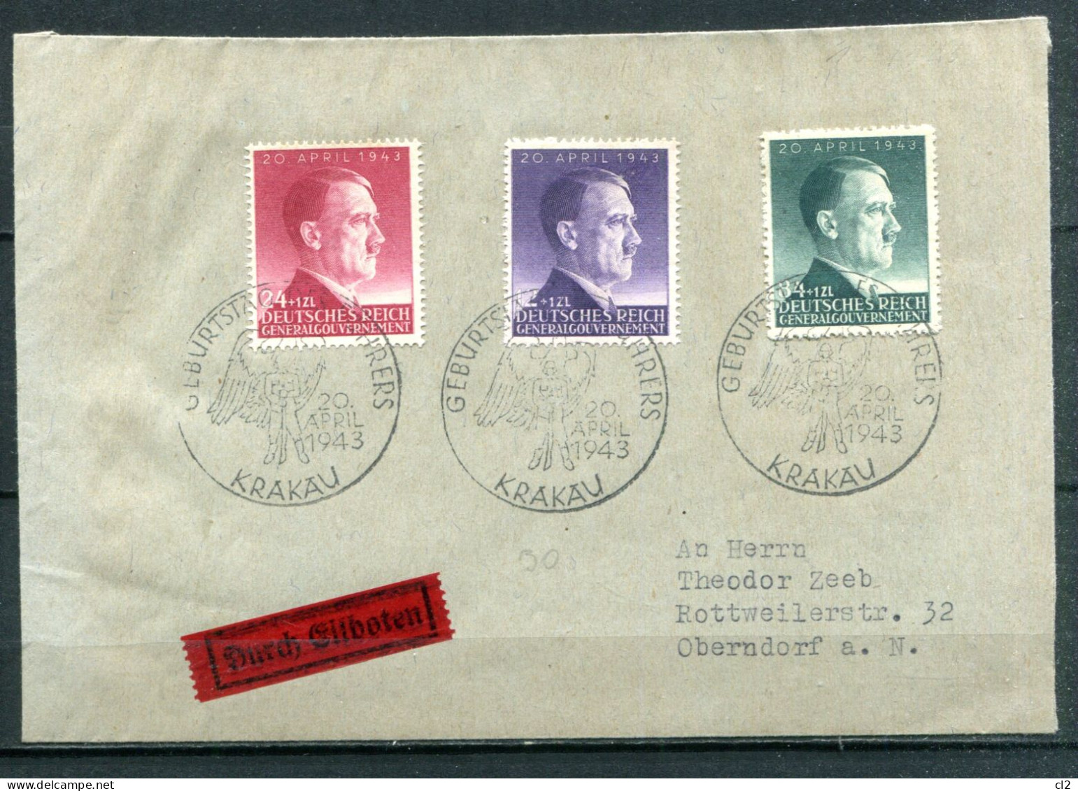 POLOGNE - Gouvernement Général - Y&T 112 à 114 - KRAKAU - 20 April 1943 - Geburstag Des Fürhers - Algemene Overheid