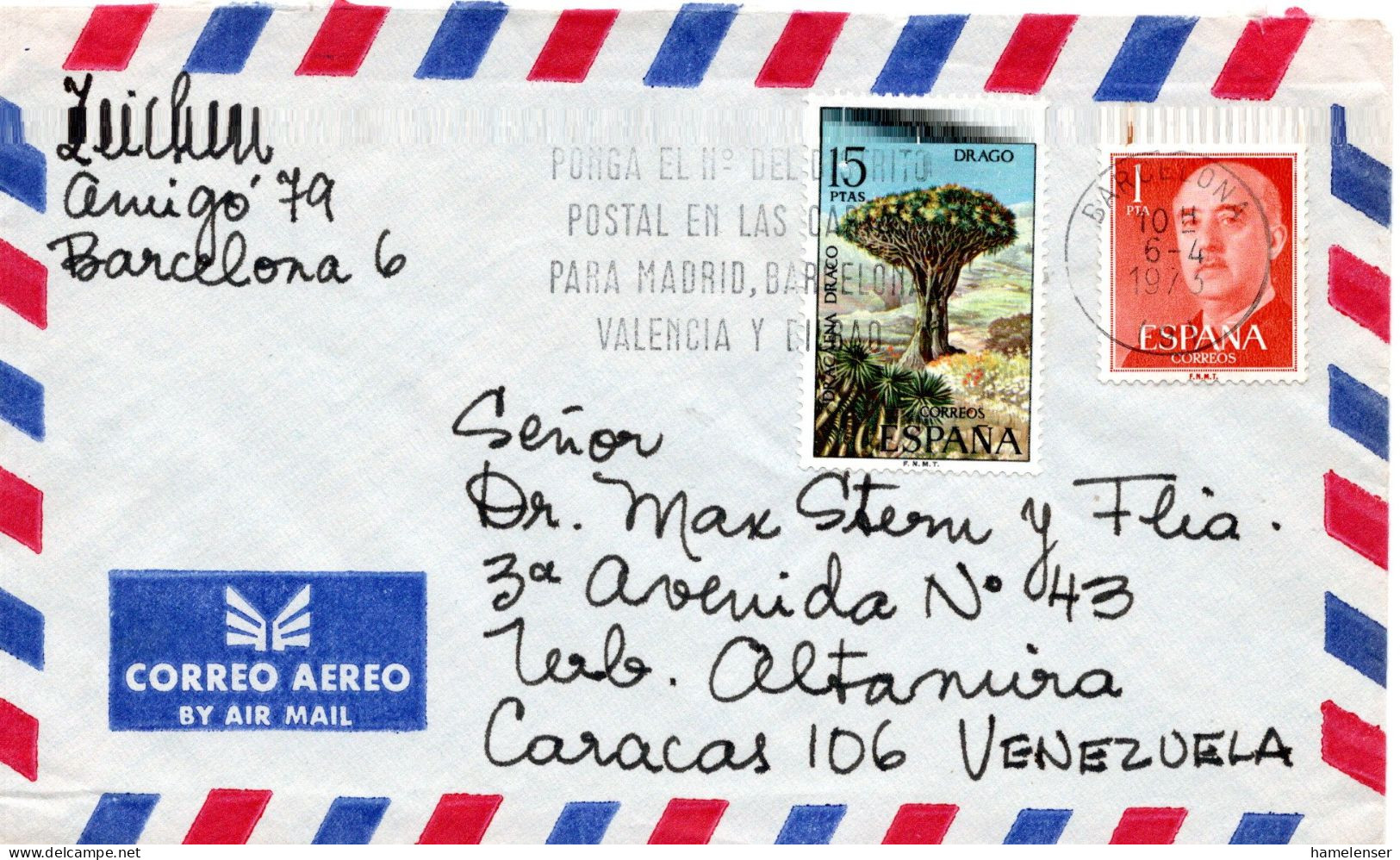 78811 - Spanien - 1973 - 15Ptas Drachenblutbaum MiF A LpBf BARCELONA - ... -> Venezuela - Briefe U. Dokumente