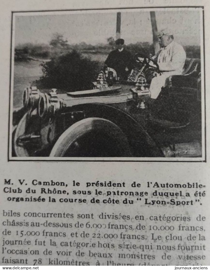 1905 LES SPORTS À LYON - COURSE DE COTE DU " LYON=SPORT " - AUTOMOBILE CLUB DU RHONE - COURSES DE CHEVAUX - Otros & Sin Clasificación