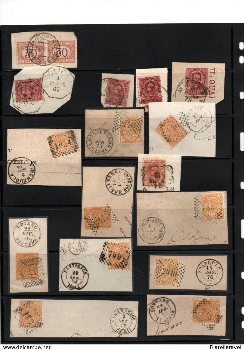 REGNO -  Lotto di oltre 200 FRAMMENTI di lettera, dal 1887 al 1900. Composto da annulli numerali e annulli particolari.