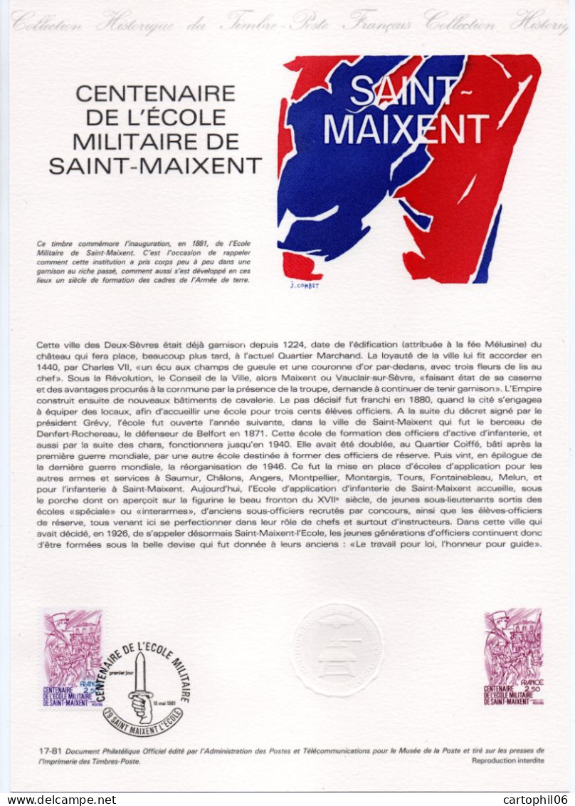 - Document Premier Jour LE CENTENAIRE DE L'ÉCOLE MILITAIRE - SAINT-MAIXENT 16.5.1981 - - Documents De La Poste