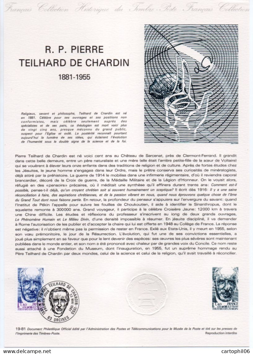 - Document Premier Jour R. P. PIERRE TEILHARD DE CHARDIN (1881-1955) - ORCINES 23.5.1981 - - Autres & Non Classés