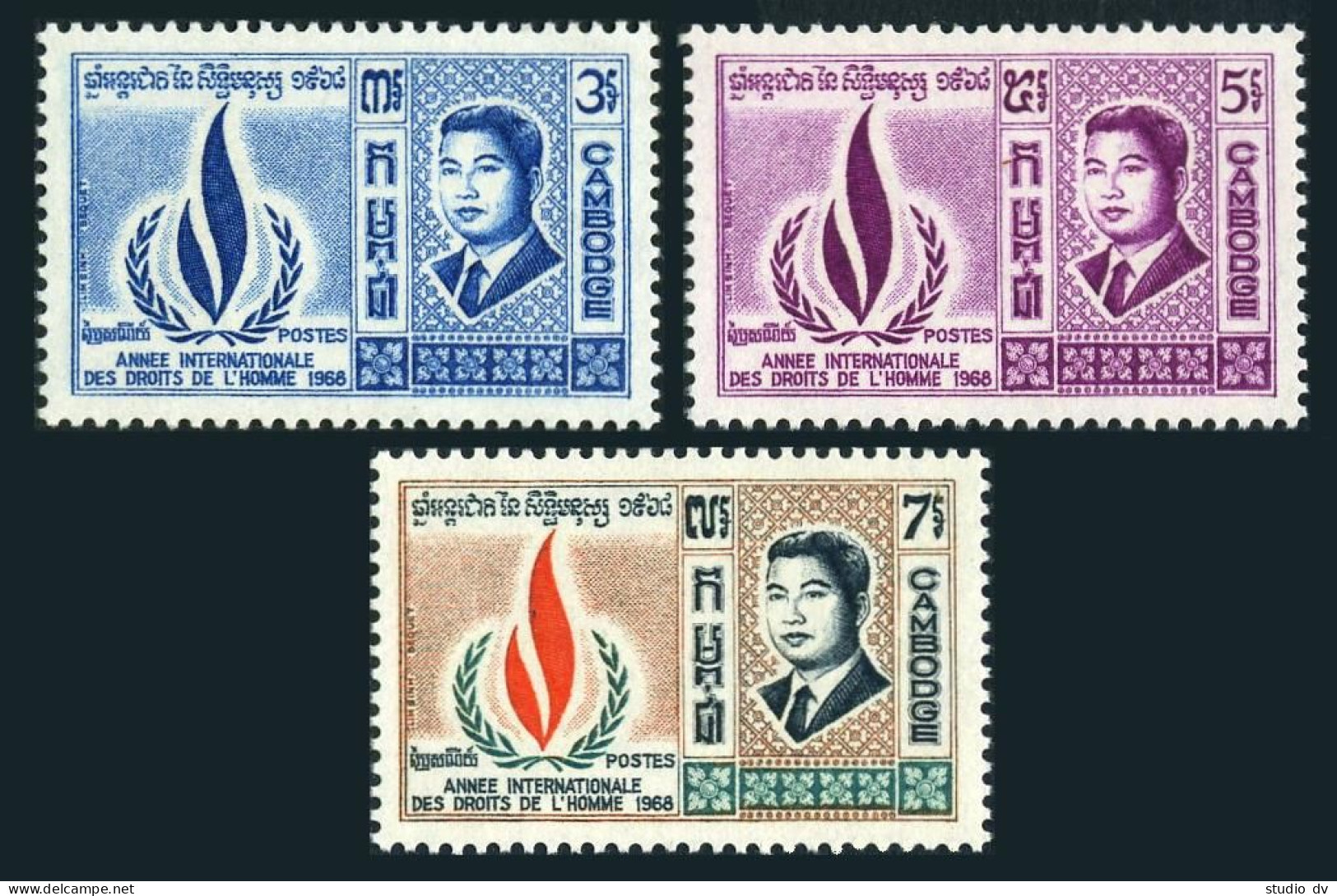 Cambodia 201-203,MNH.Michel 244-246. Human Rights Year 1968.Flame. - Kambodscha