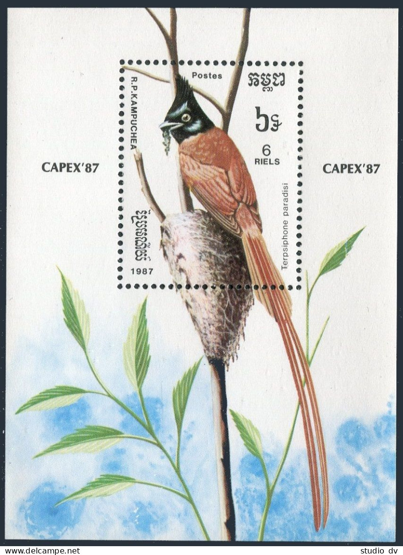 Cambodia 796,MNH.Michel 873 Bl.153. CAPEX-1987.Bird:Terpsiphone Paradisi. - Cambogia