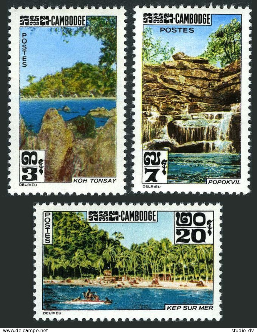 Cambodia 123-125, MNH. Mi 155-157. Views 1963. Tonsay Lake,Popokvil Falls,Beach. - Cambogia