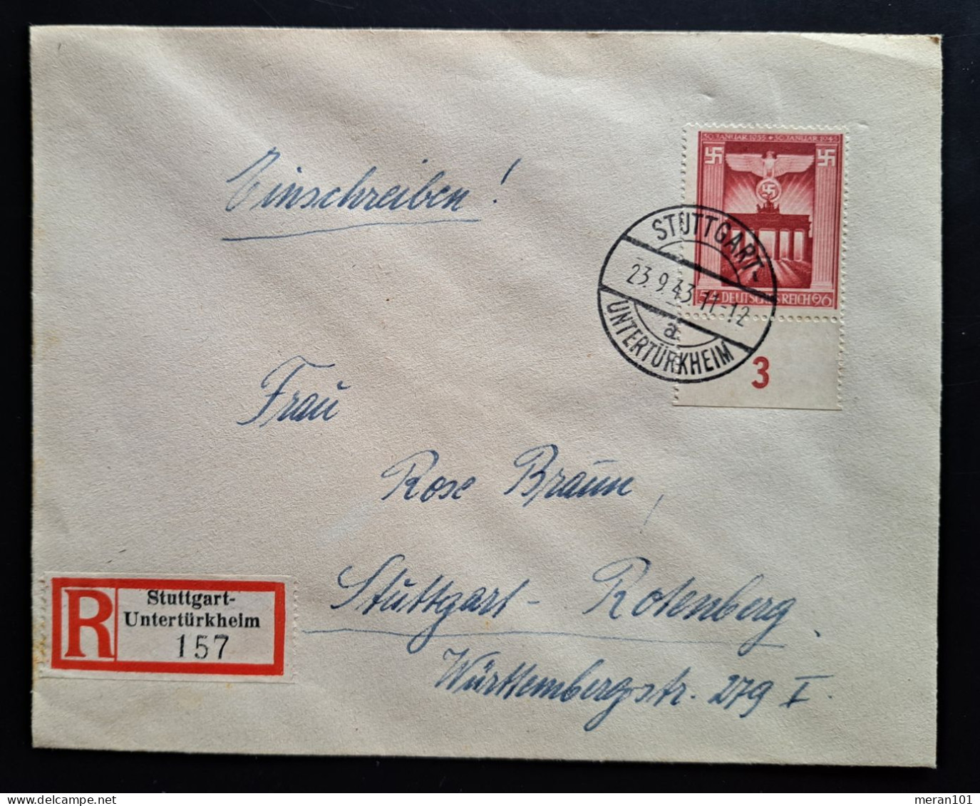 Deutsches Reich 1943, Reko-Brief Stuttgart-Untertürkheim Mi 829 - Storia Postale